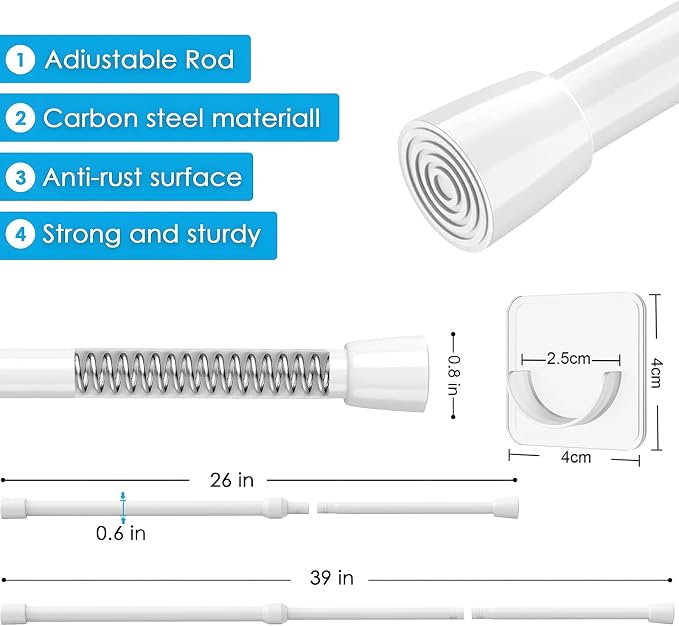 MEXAU 1Pack Spring Tension Curtain Rod 26-39 inch White Small Tension Rod | - Image 4