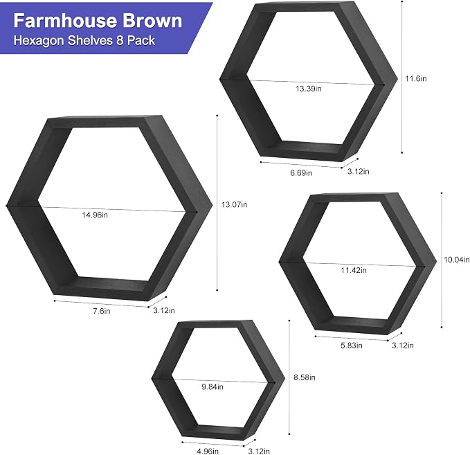 CADUKE Hexagon Floating Shelves Set of 8, Hanging Shelf Storage Racks, Living - Image 3