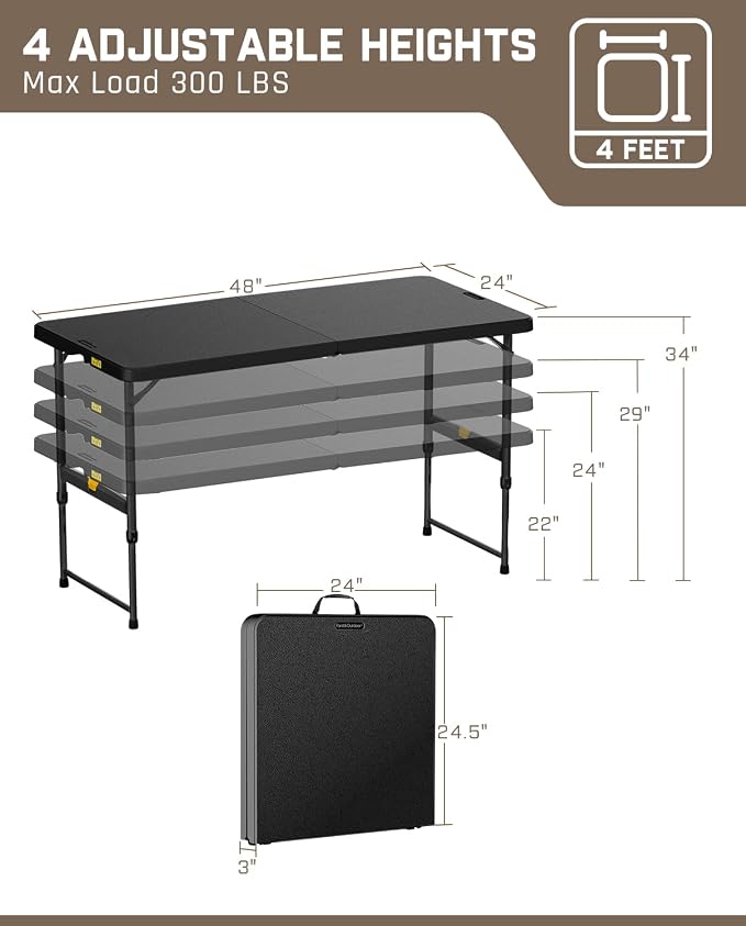 FanttikOutdoor 4ft Portable Folding Table, One-Handed Height Adjustment - Image 3