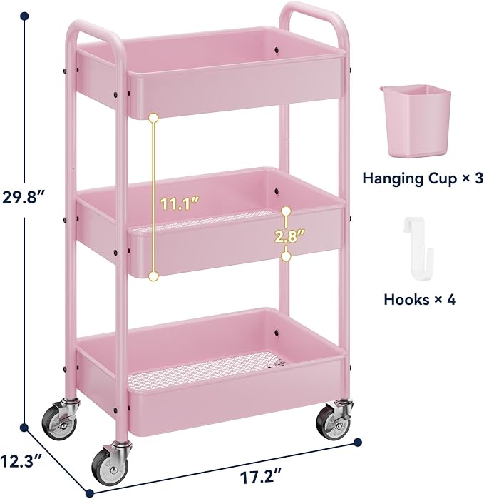 YASONIC 3-Tier Metal Rolling Cart, Heavy Duty Utility Cart - Image 6
