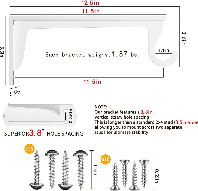Heavy Duty Closet Rod Support Brackets 12 x 5.6In 400lbs Capacity | White 4 - Image 2