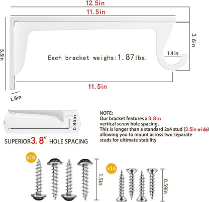 Heavy Duty Closet Rod Support Brackets 12 x 5.6In 400lbs Capacity | White 4 - Image 2