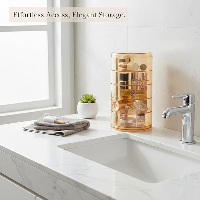 5-Tier Rotating Makeup Organizer, Slim Vanity Storage Tower - Image 2