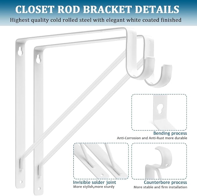 6PCS Heavy Duty White Closet Rod Brackets 11 x 11 Inch, 1-3/8Inch Diameter - Image 3
