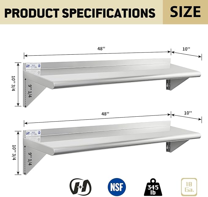 Hally Stainless Steel Shelf Wall Mounted Metal Shelf Wall Shelf 10 x 48 NSF - Image 3
