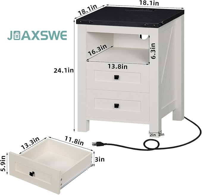 Nightstand with Charging Station and USB Port, Farmhouse Side End Table with 2 - Image 2