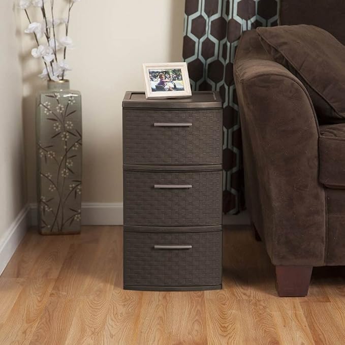 Sterilite Espresso 26306P02 15" X 12 5/8" X 24" Brown 3 Drawer Weave Tower - Image 5