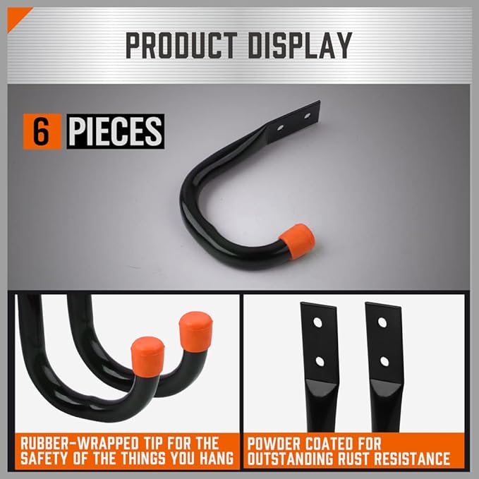 HORUSDY 6-Pack Heavy Duty Metal Wall Hooks, Large Garage Storage & Organization - Image 4