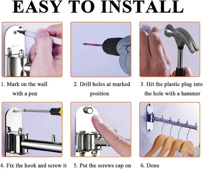 Clothes Hanger Laundry Room Hanging Rod Wall Mount Valet Hooks - Image 7