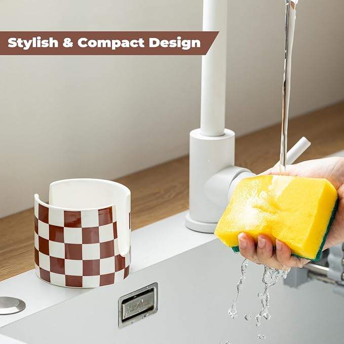 Checkered Sponge Holder for Kitchen Sink, Ceramic Dish Sponge Drying Caddy - Image 5