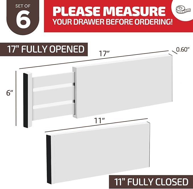 6 Pack Drawer Dividers 6 Inch High, 11”-17" Adjustable Bamboo Organizers Large - Image 2