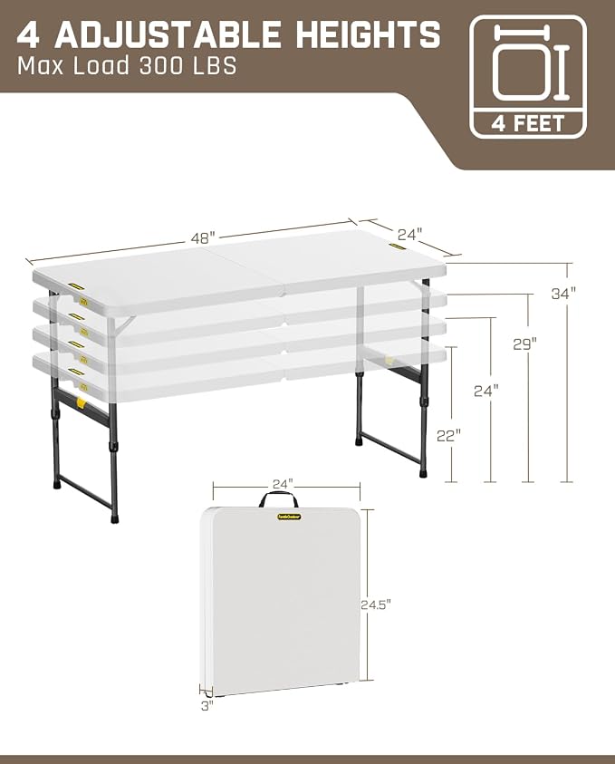FanttikOutdoor 4ft Portable Folding Table, One-Handed Height Adjustment - Image 3