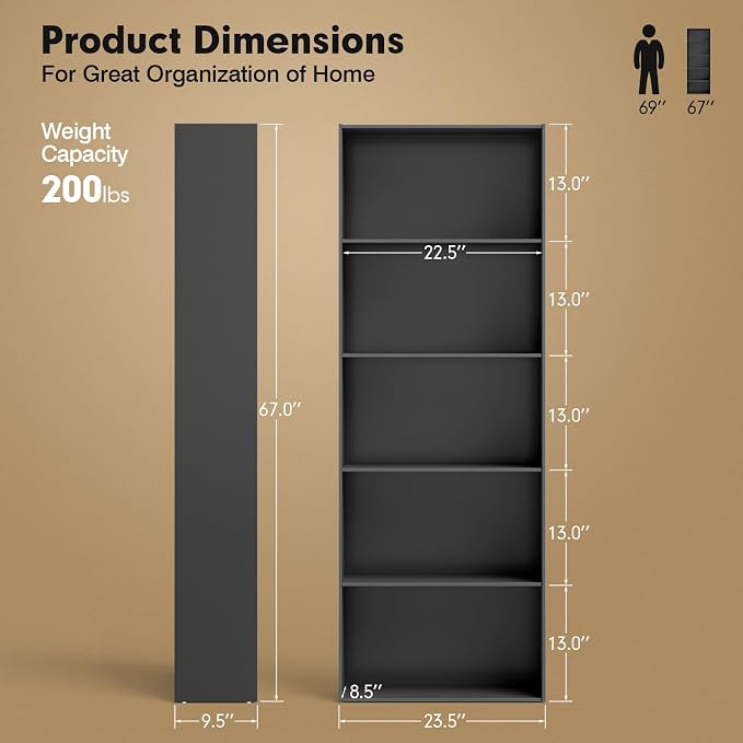 Tangkula 5-Tier Bookcase, 67” Tall Freestanding Bookshelf - Image 3