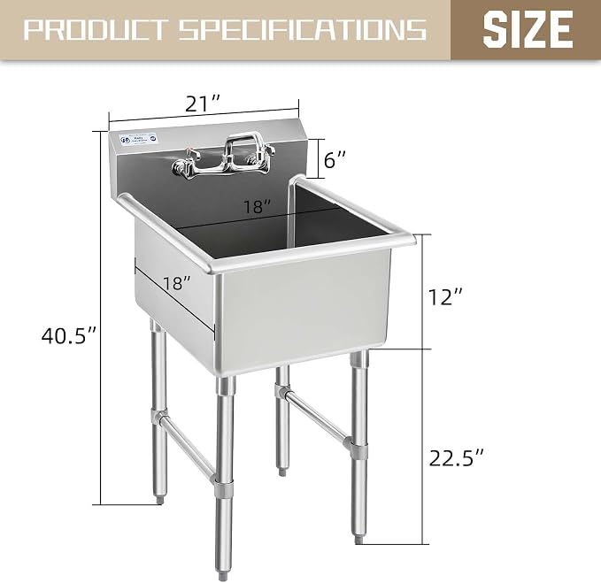 HALLY Commercial Stainless Steel Sink 1 Compartment NSF Prep & Utility Sink - Image 2