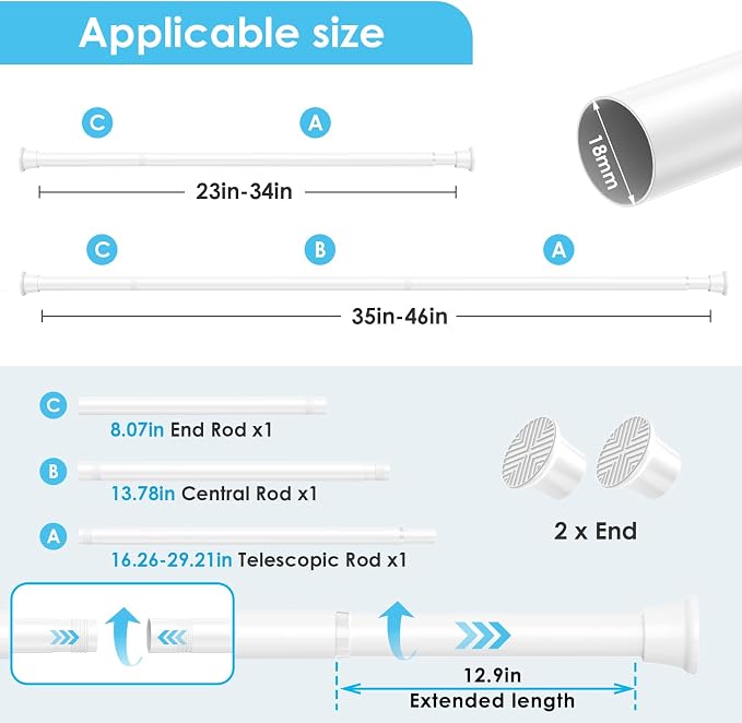 2Pcs Tension Curtain Rod 24 To 46 Inch White Shower Curtain Rod No Drilling - Image 2