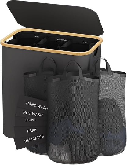 145L Laundry Hamper with Lid, 3 Section Laundry Basket with 3 Removable Bag | by Bathola