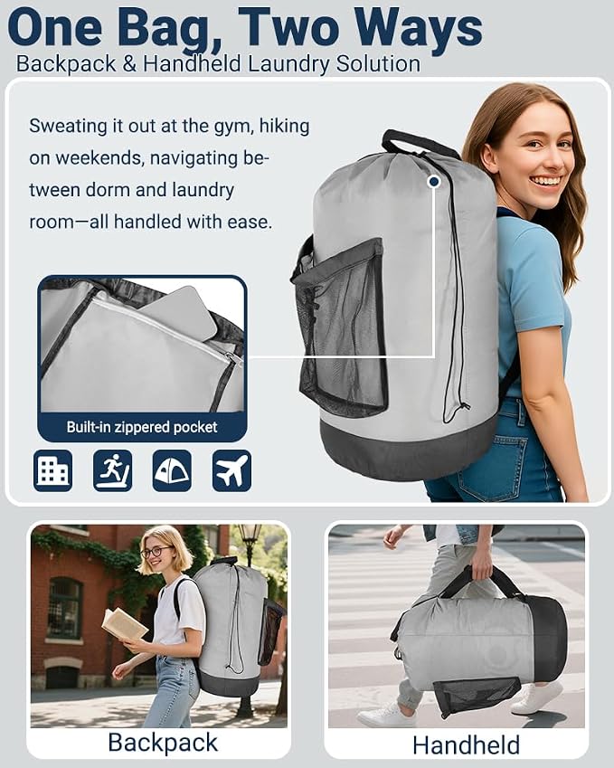Laundry Bag with Shoulder Straps and Mesh Pocket Laundry Backpack Large - Image 4