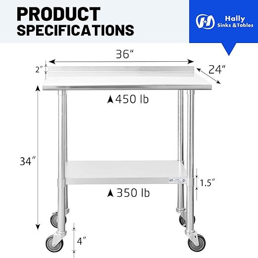 Hally Stainless Steel Table for Prep & Work 24 x 36 Inches - Image 2