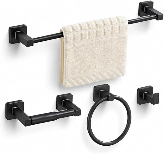 Matte Black Bathroom Hardware Set 4 Pieces, Towel Bar Set Stainless Steel Wall by bluebyrne