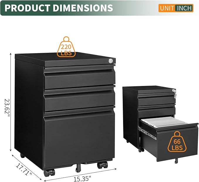 3 Drawer File Cabinet with Lock, Under Desk Rolling Small Filing Cabinet - Image 2