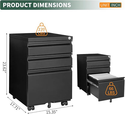 3 Drawer File Cabinet with Lock, Under Desk Rolling Small Filing Cabinet - Image 2