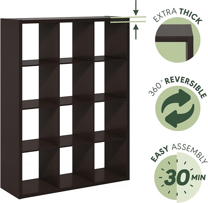 Furinno Cubicle 12-Cube Book Shelf, Extra Thick Frame Bookshelf, Dark Oak | - Image 6
