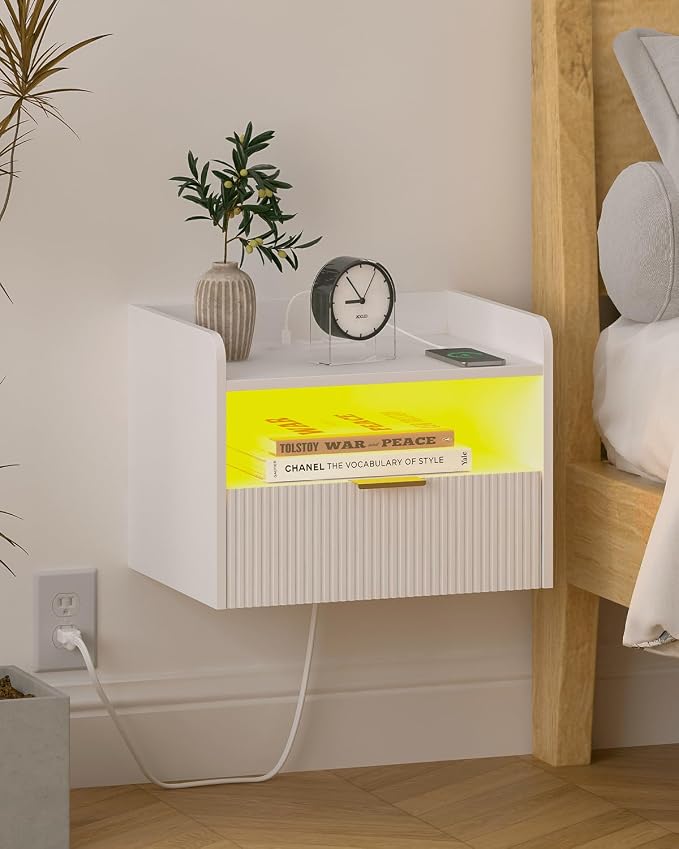 White Floating Nightstand with Charging Station and LED Lights by Unknown