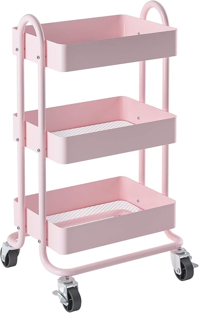 Metal Rolling Cart, 3-Tier Pink Rolling Cart by Elitehouse