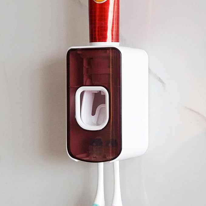 2 Slot Toothbrush Holder and Toothpaste Dispenser Wall Mounted, Automatic by LUEXBOX