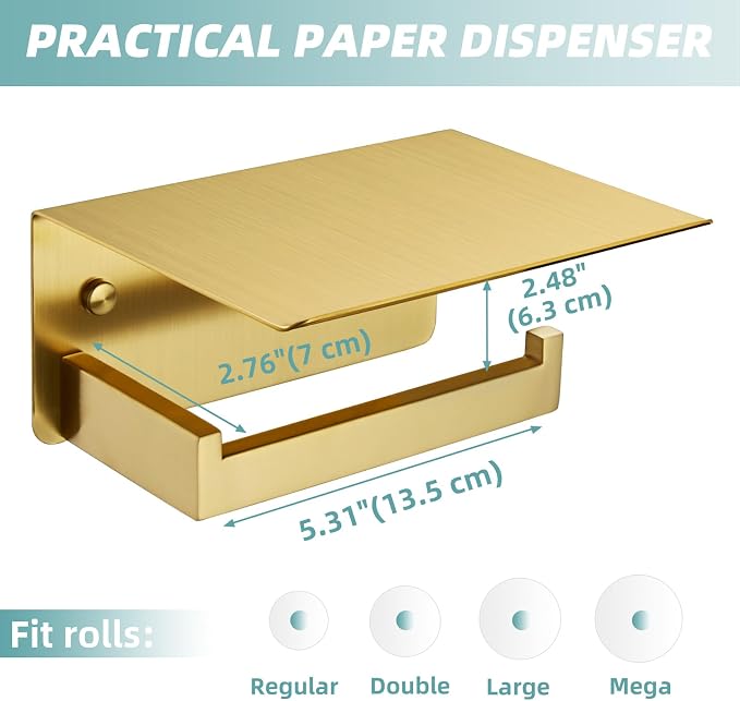 Toilet Paper Holder with Shelf Brushed Gold, APLusee SUS 304 Stainless Steel - Image 8