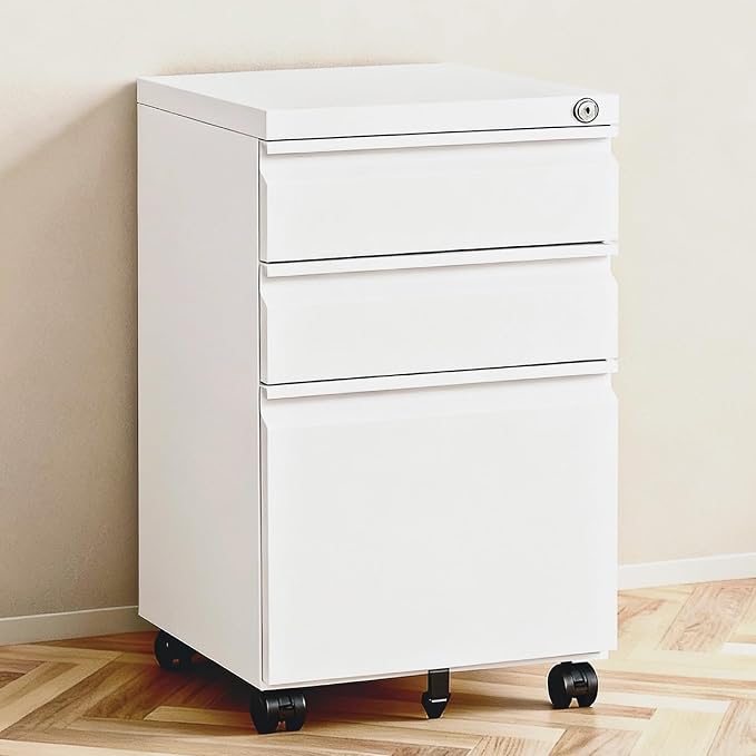 3 Drawer File Cabinet with Lock, Under Desk Rolling Small Filing Cabinet by TEEALUBAN