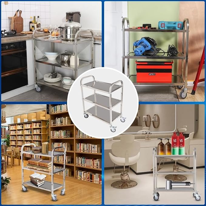 Stainless Steel Cart on Wheels, 3-Tier Stainless Steel Utility Cart - Image 5