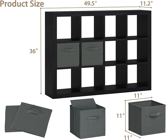 furtble Bookshelf with Storage Bin, 12-Cube Storage Organizer, Modern Wood Open - Image 3