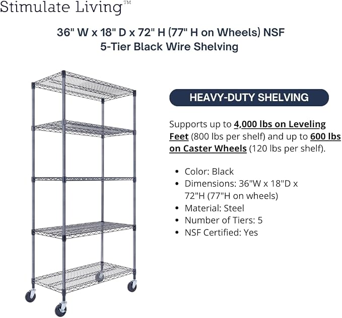 36"x18"x72" Prime Heavy Duty Black 5-Tier Wire Shelving NSF 4000 LBS MAX - Image 4