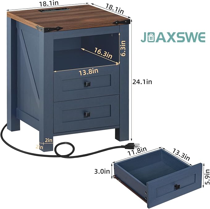 Nightstands Set of 2 with Charging Station, Farmhouse Night Stand with 2 - Image 3