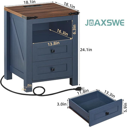 Nightstand with Charging Station, Farmhouse Night Stand with 2 Drawers and - Image 2