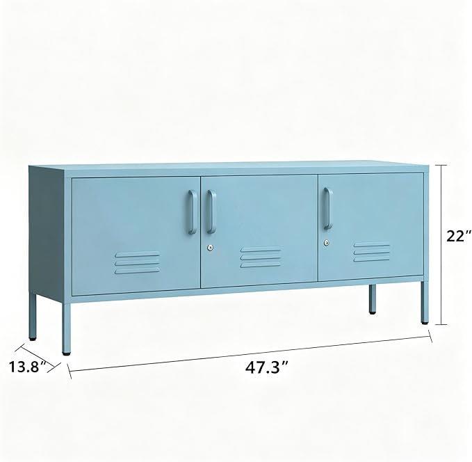 Lockable 3-Door Ocean Blue Metal TV Cabinet, Industrial Low Profile Steel Media - Image 2
