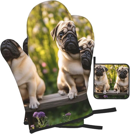Oven Mitts and Pot Holders Sets of 3 Pugs in The Garden Oven Mitts 3 Pcs Heat by Unknown