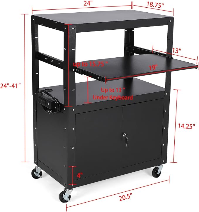 Mobile AV Cart with Locking Storage Cabinet, Adjustable Laptop Stand & Drop - Image 2
