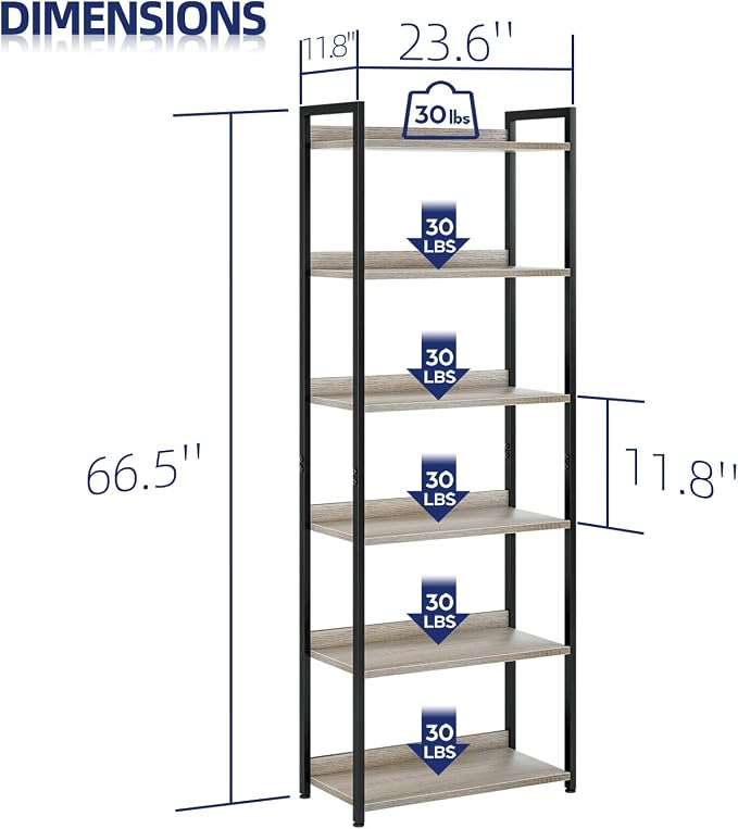NUMENN Bookshelf, 6 Tier Freestanding Shelving Unit, Falling Prevention Baffle - Image 3