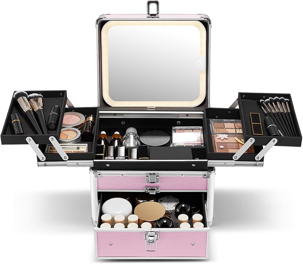 Qislee Makeup Box with Drawer and Four Trays, A Detachable Lighted Mirror by Qislee
