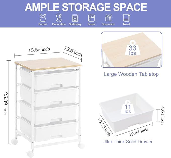 Utility Cart with 4 Drawers, 4-Tier Rolling Storage Cart Organizer - Image 3