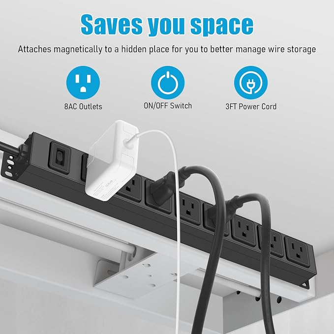 HHSOET Magnetic Mount Power Strip, 8 Outlet Mountable Socket, Metal Heavy Duty - Image 3