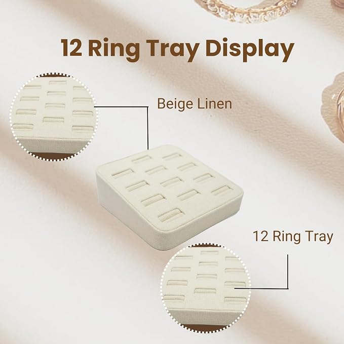 Novel Box 12-Slot Beige Linen Rings/Earrings/Cufflinks Holder Tray 5.75x5x2 - Image 3