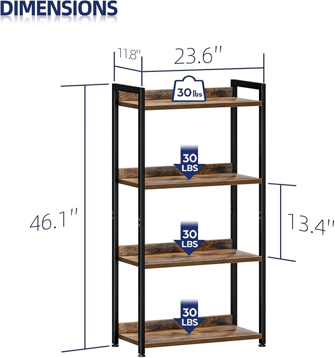 NUMENN Bookshelf, 4 Tier Freestanding Shelving Unit, Vintage | Metal Frame & - Image 3