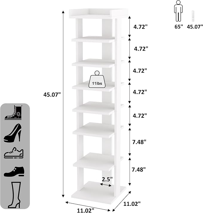 HOMEFORT 7-Tier Wood Shoe Rack, Entryway Shoe Tower, Vertical Shoe Organizer - Image 3
