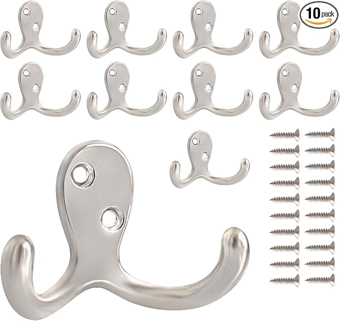 10 Pack Coat Hooks Wall Hooks for Hanging, Heavy Duty Double Prong Metal Hook by CBWLWJ