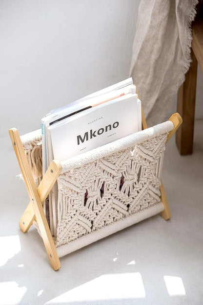 Mkono Macrame Magazine Rack Boho Storage Holder Standing Basket - Image 7