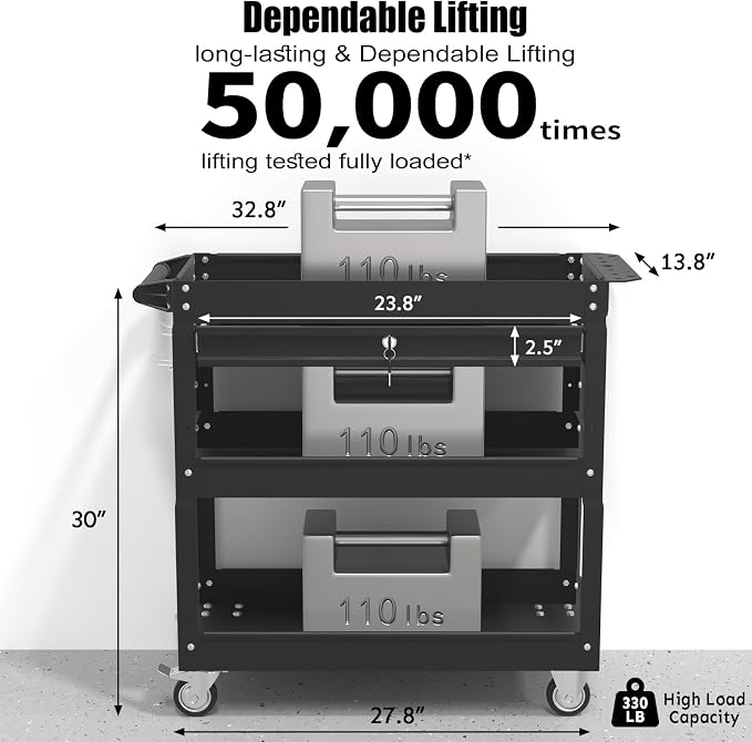 3-Tier Rolling Utility Cart, Metal Heavy Duty Utility Cart on Wheels - Image 3
