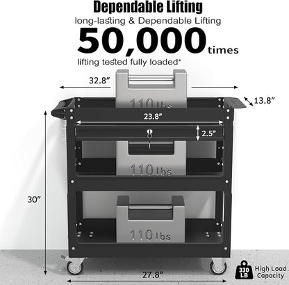 3-Tier Rolling Utility Cart, Metal Heavy Duty Utility Cart on Wheels - Image 3
